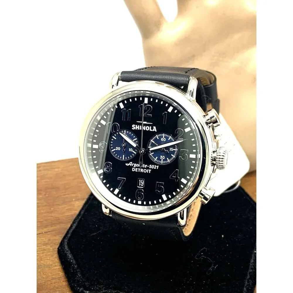Shinola Men's Watch S0120109242 Quartz Chronograph Black Dial Leather Strap 47mm